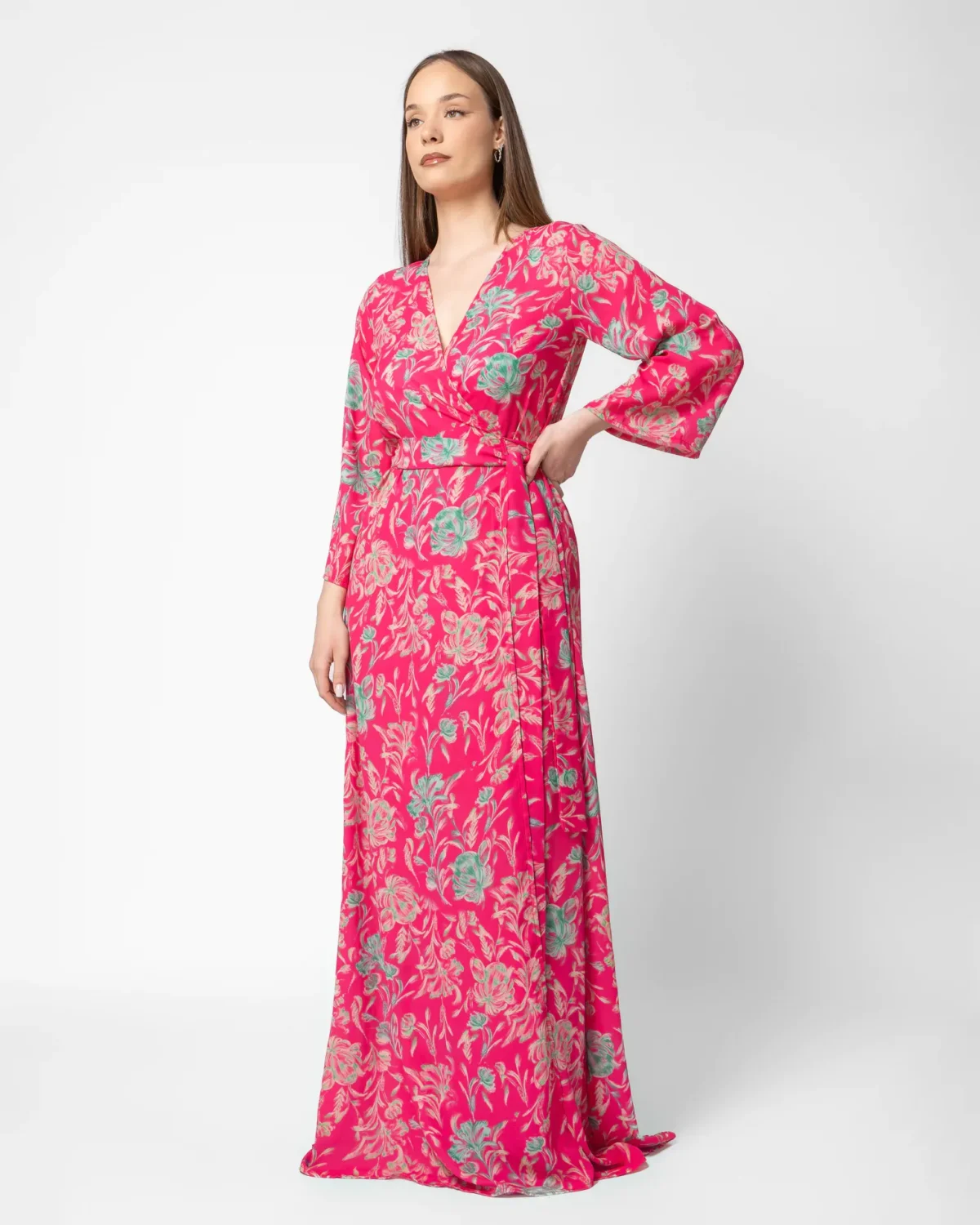 Fuchsia Floral maxi φόρεμα κιμονό